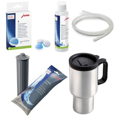 ura Maintenance Kit With Stainless Steel Thermo Mug – Cleaning Tablets, Milk Cleaner, Descaler and Water Filter